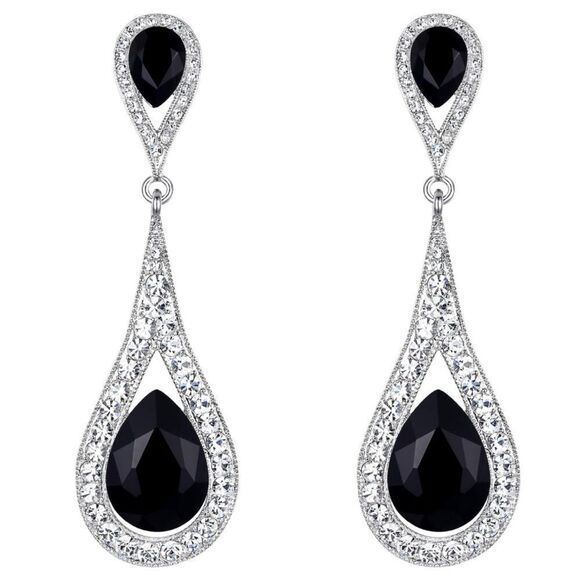 Silver with Black Onyx and White Diamond Austrian Crystal Dual Teardrop Earrings - Picture 1 of 4